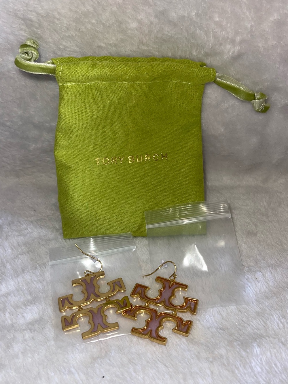 Tory Burch Gold Logo Drop Earrings with Pink Enamel